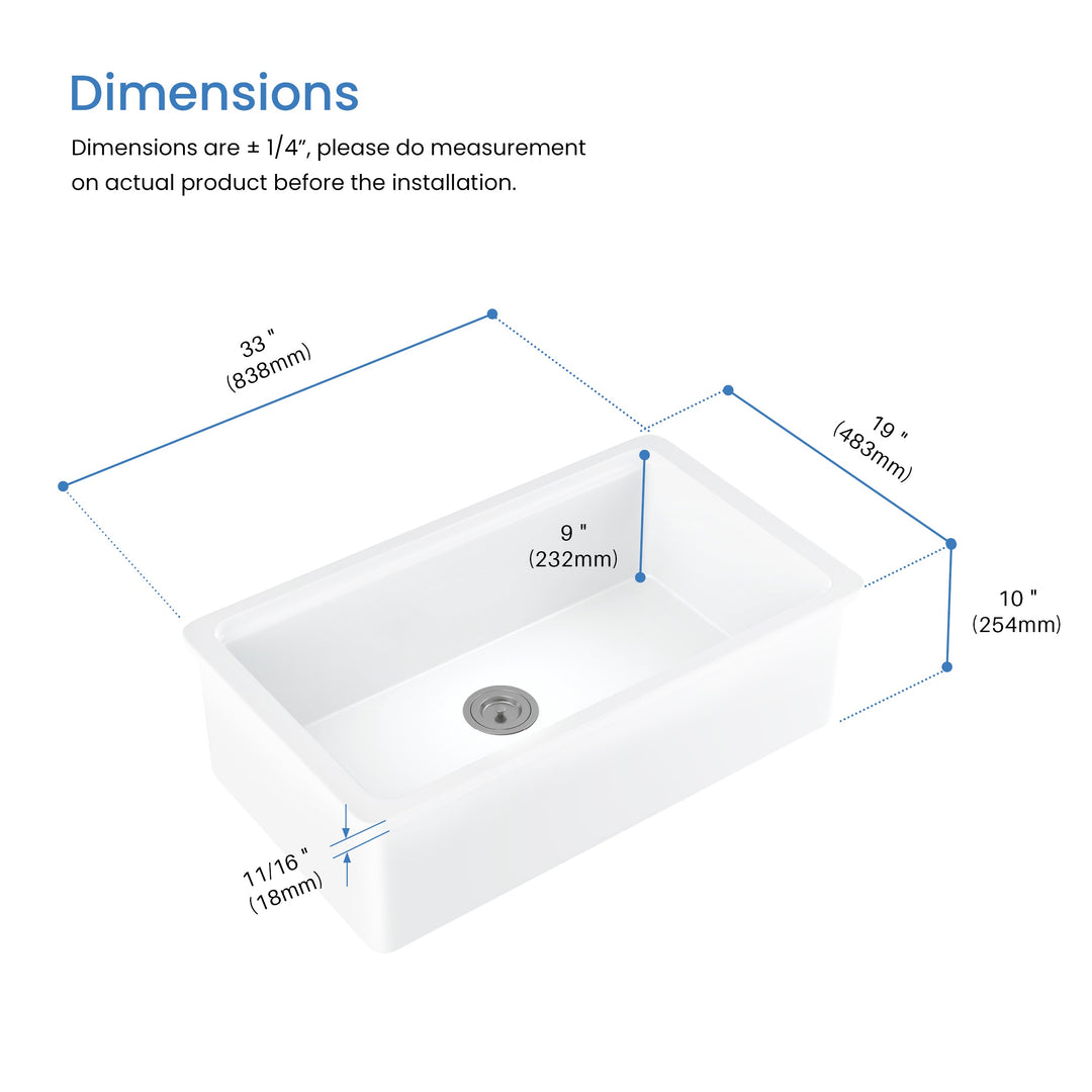 33" Drop-In/Undermount Fireclay Workstation Kitchen Sink