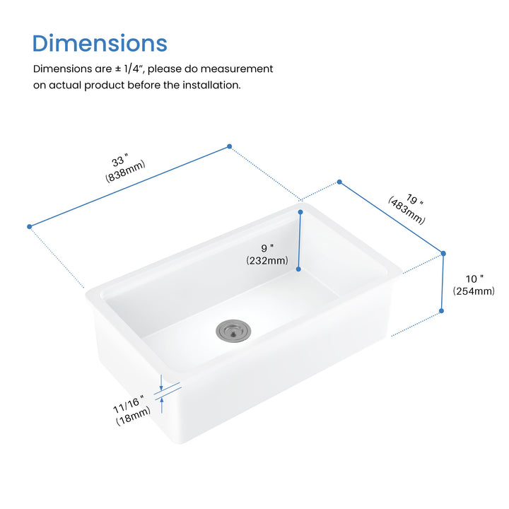 33" Drop-In/Undermount Fireclay Workstation Kitchen Sink