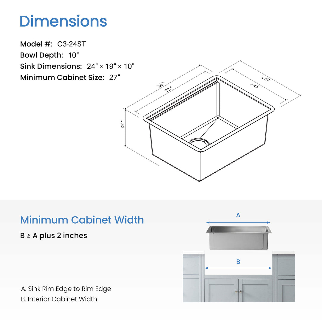 24" Undermount Single Bowl 316 Marine Grade Stainless Steel Workstation Kitchen Sink