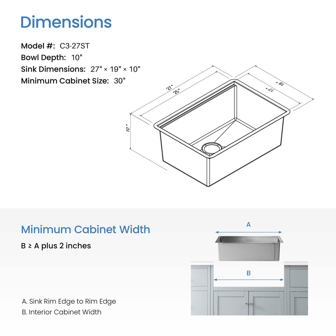 27" Undermount Single Bowl 316 Marine Grade Stainless Steel Workstation Kitchen Sink