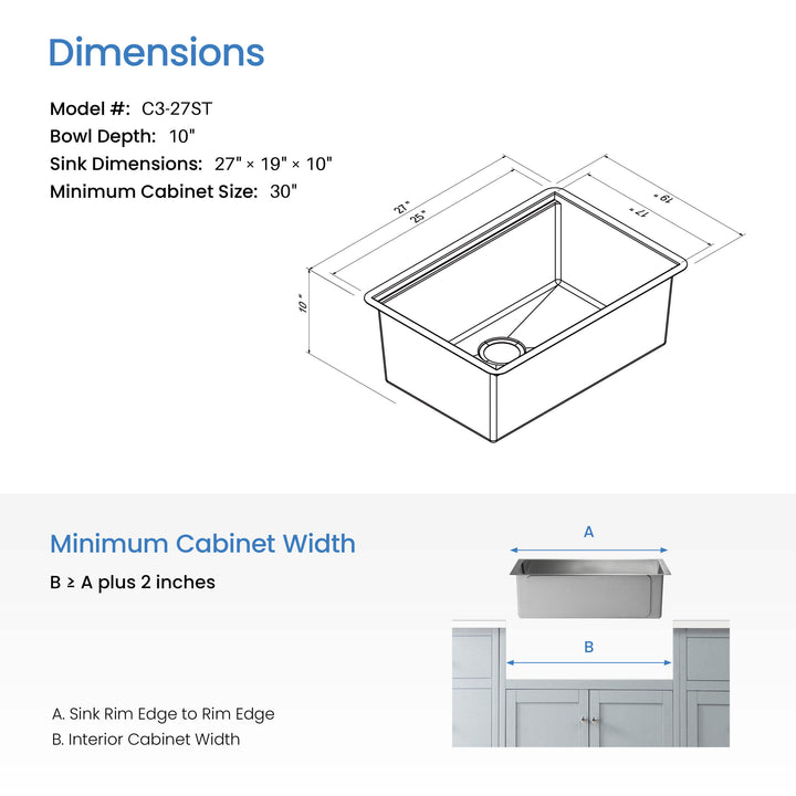 27" Undermount Single Bowl 316 Marine Grade Stainless Steel Workstation Kitchen Sink
