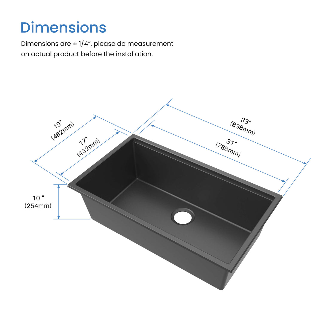 33" Undermount Single Bowl Quartz Workstation Kitchen Sink