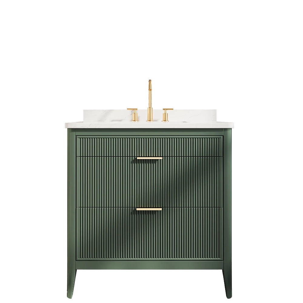 The Aveline 36 Inch Freestanding Bathroom Vanity With Top features a green finish, two drawers with vertical grooves, gold handles, a sleek white countertop, and a matching gold faucet.