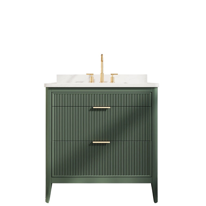 The Aveline 36 Inch Freestanding Bathroom Vanity With Top features a green finish, two drawers with vertical grooves, gold handles, a sleek white countertop, and a matching gold faucet.
