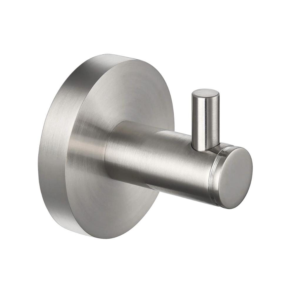 The Halo Robe Hook features a stainless steel round base and a short cylindrical peg, ideal for hanging towels or coats.
