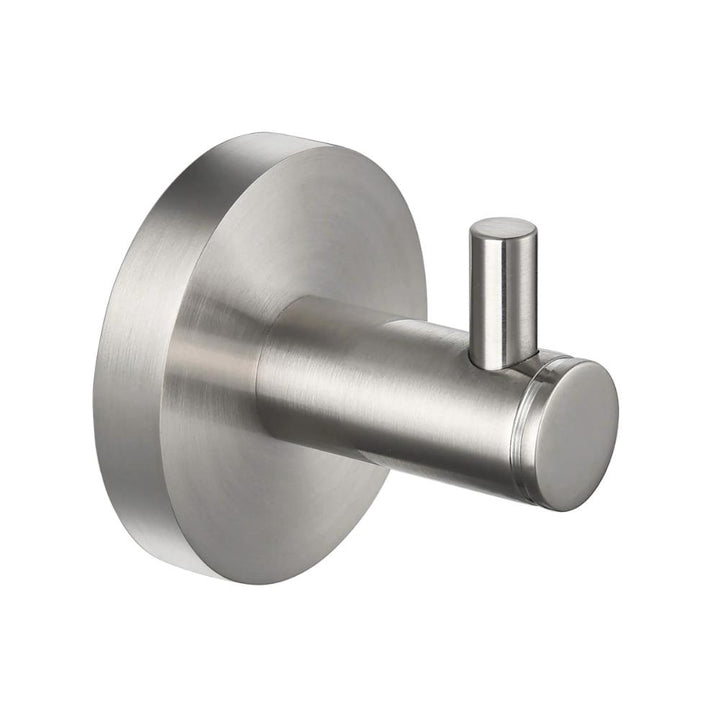 The Halo Robe Hook features a stainless steel round base and a short cylindrical peg, ideal for hanging towels or coats.
