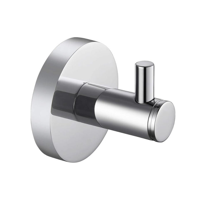 The Halo Robe Hook features a sleek, modern wall-mounted chrome design with a cylindrical shape and round base, perfect for hanging towels or robes in bathrooms.