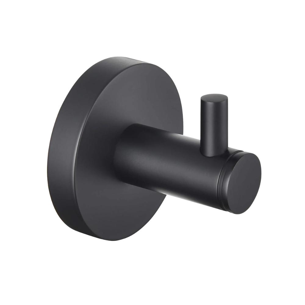 The Halo Robe Hook is a black, modern wall-mounted hook featuring a circular base and a short cylindrical peg for hanging items.