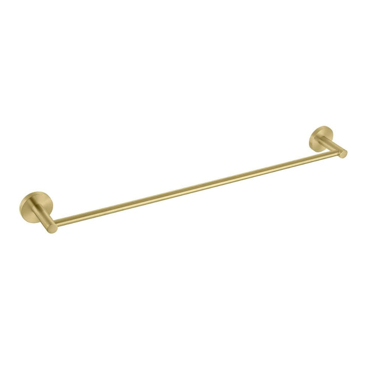 The Halo Bathroom Towel Bar is a gold wall-mounted bar featuring round end brackets, shown against a white background.