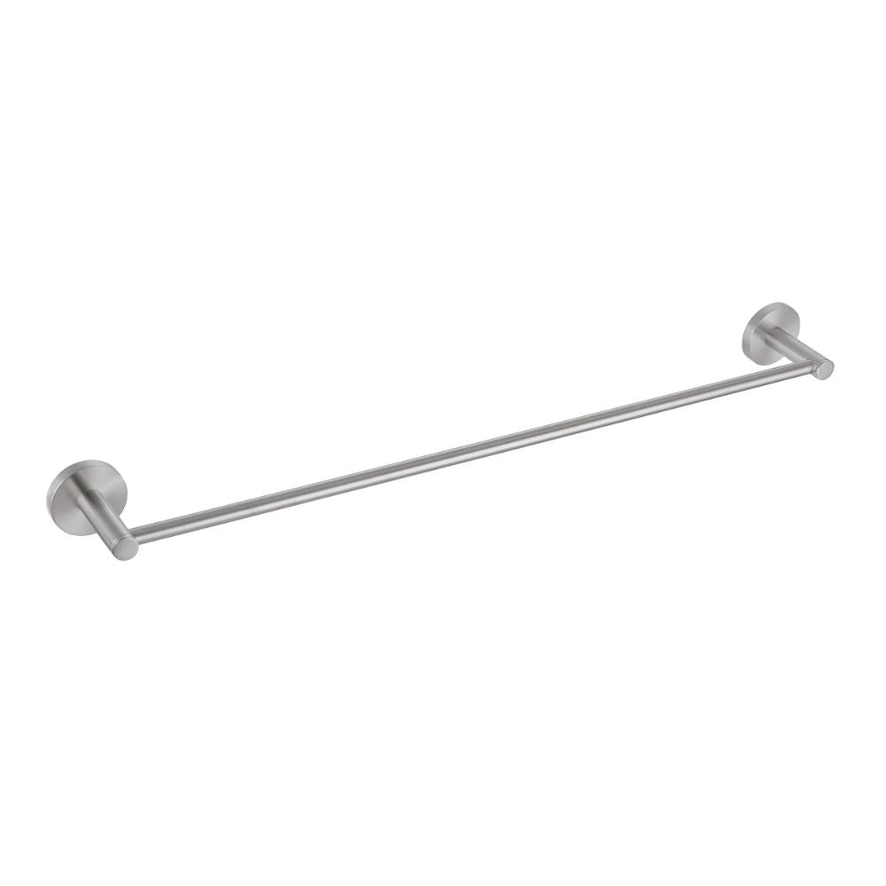 The Halo Bathroom Towel Bar is a wall-mounted towel bar with round bases at each end, finished in brushed metal and designed for holding towels in the bathroom.