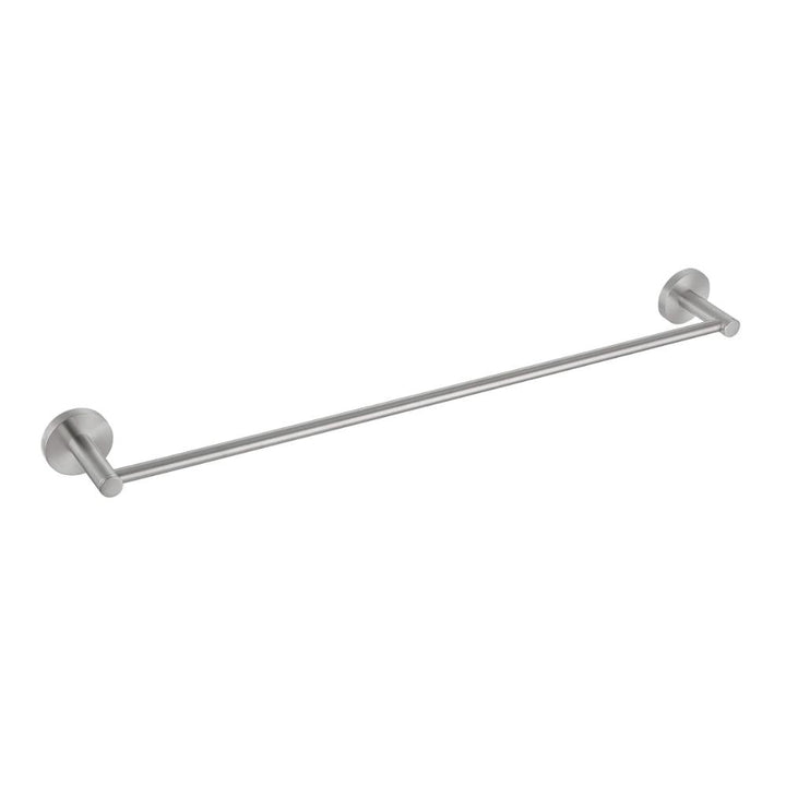 The Halo Bathroom Towel Bar is a wall-mounted towel bar with round bases at each end, finished in brushed metal and designed for holding towels in the bathroom.