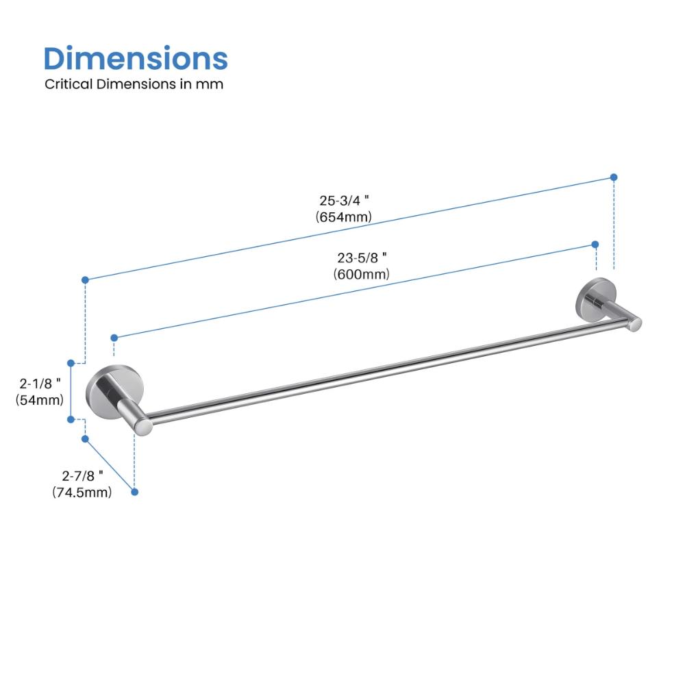 Diagram of the Halo Bathroom Towel Bar, wall-mounted: total length 25-3/4" (654 mm), usable length 23-5/8" (600 mm), projects 2-1/8" (54 mm) from wall, base diameter 2-7/8" (74.5 mm).