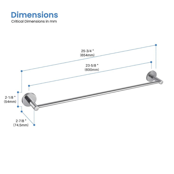 Diagram of the Halo Bathroom Towel Bar, wall-mounted: total length 25-3/4" (654 mm), usable length 23-5/8" (600 mm), projects 2-1/8" (54 mm) from wall, base diameter 2-7/8" (74.5 mm).