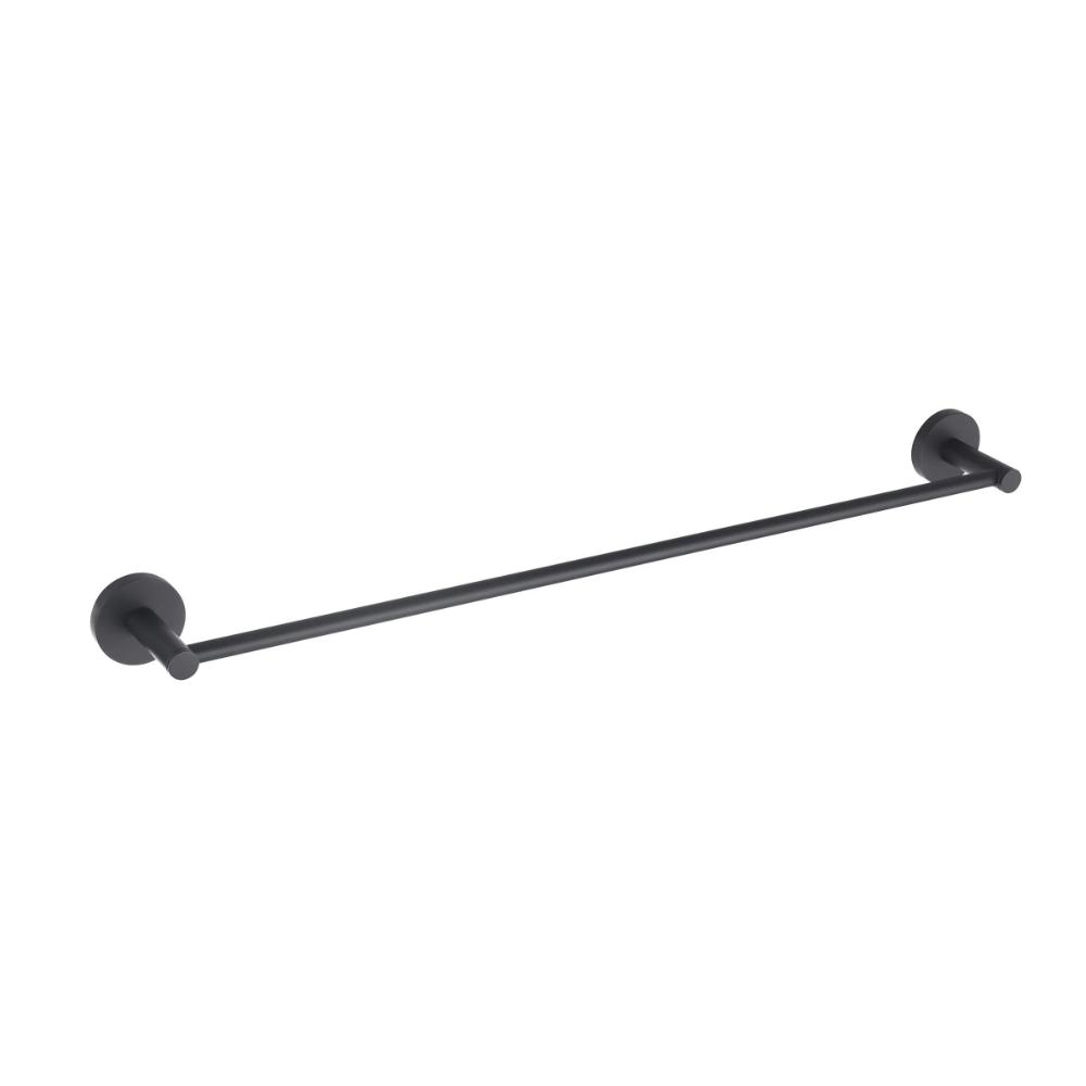 The Halo Bathroom Towel Bar is a black, wall-mounted towel bar with a minimalist design, featuring cylindrical ends and a straight horizontal rod.