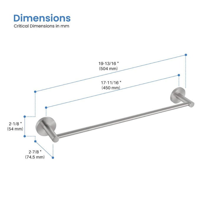 Diagram of the Halo Bathroom Towel Bar with labeled dimensions: length 19-13/16" (504 mm), usable bar length 17-11/16" (450 mm), wall mount diameter 2-7/8" (74.5 mm), and wall mount depth 2-1/8" (54 mm).