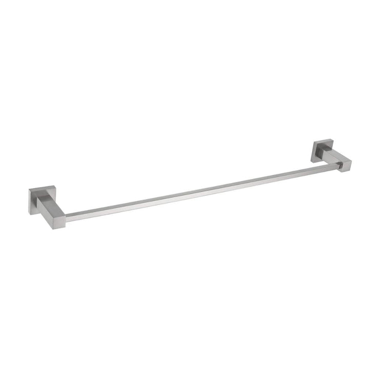 The Quadra Bathroom Towel Bar is a modern, wall-mounted towel bar with a sleek rectangular design and brushed metal finish, secured to the wall with two square brackets at each end.