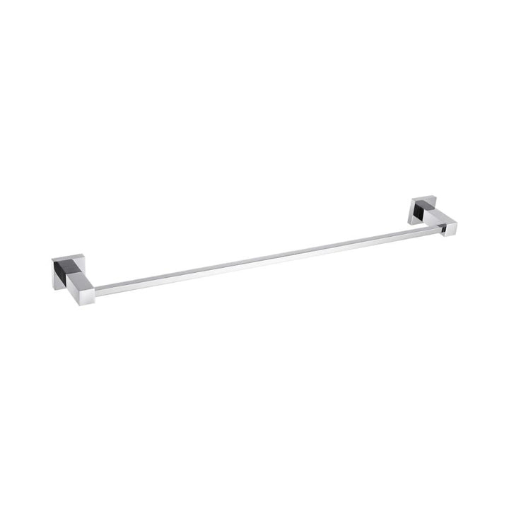 The Quadra Bathroom Towel Bar, a modern wall-mounted design in chrome, features square mounting brackets on each end and is displayed isolated on a white background.