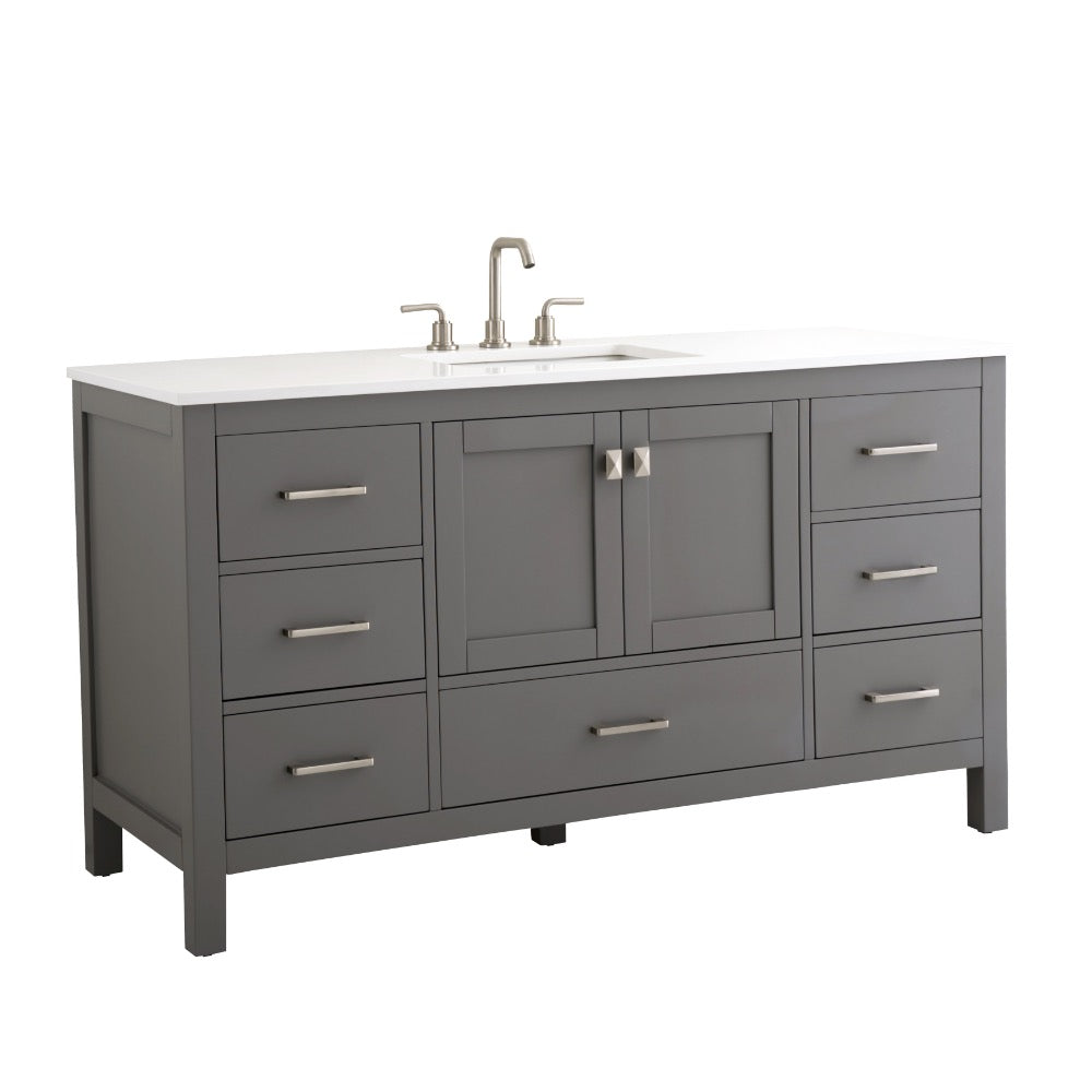 The Vanea 60 inch Single Bathroom Vanity in Gray with White Quartz Top includes a built-in sink, silver faucet, and six drawers with silver handles flanking two central cabinet doors.