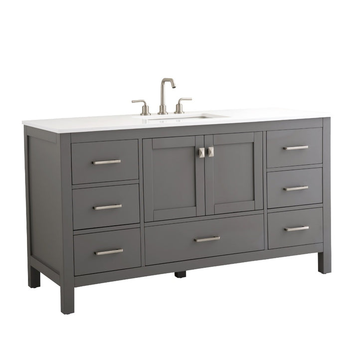 The Vanea 60 inch Single Bathroom Vanity in Gray with White Quartz Top includes a built-in sink, silver faucet, and six drawers with silver handles flanking two central cabinet doors.