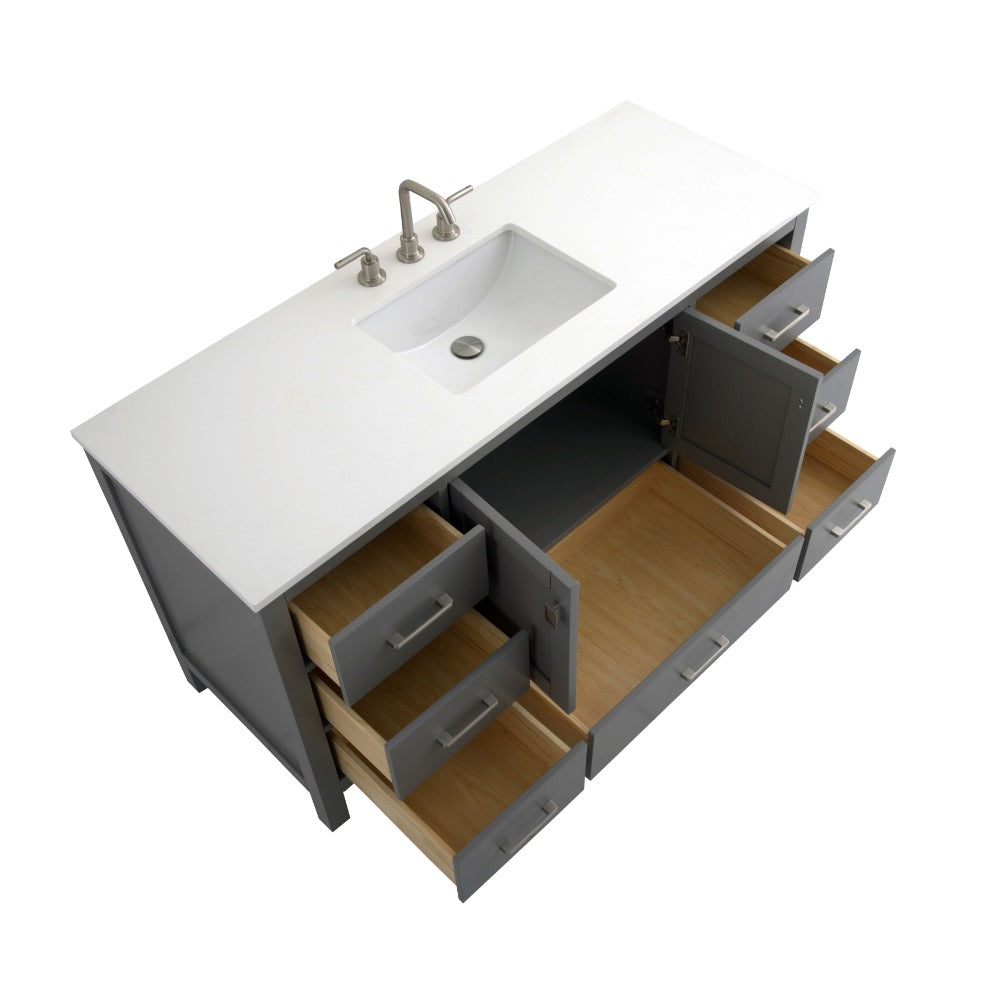 The Vanea 60 inch Single Bathroom Vanity in Gray with White Quartz Top offers a sleek built-in sink and spacious storage, featuring organized interiors revealed by open drawers and cabinet doors.