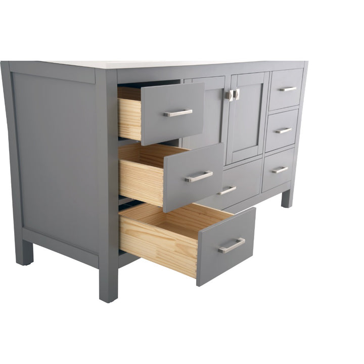 The Vanea 60 inch Single Bathroom Vanity in Gray with White Quartz Top features six drawers, two cabinet doors, silver handles, and a white quartz top with light wood interiors for a stylish, modern look.