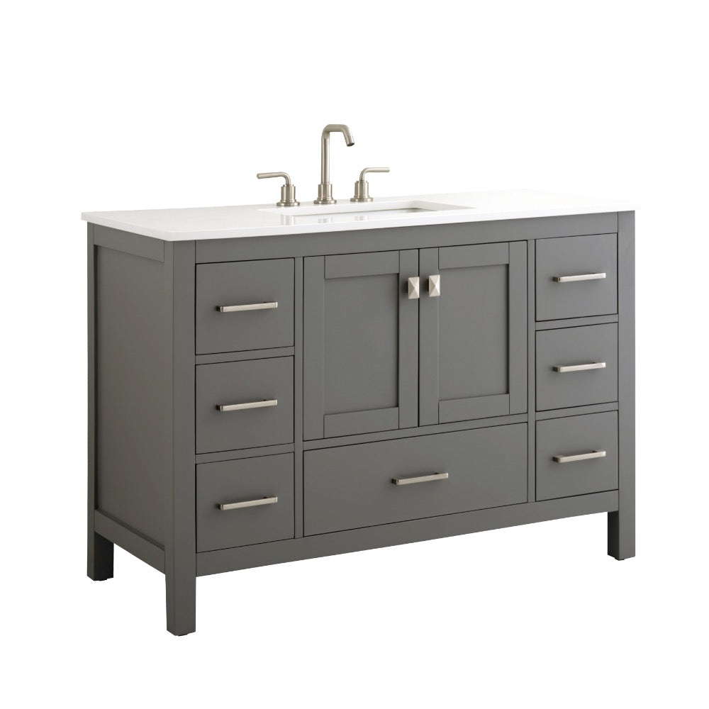 The Vanea 48 inch Bathroom Vanity in Gray with White Quartz Top features a modern gray finish, white quartz countertop with built-in sink, silver faucet, and nine drawers with sleek silver handles.