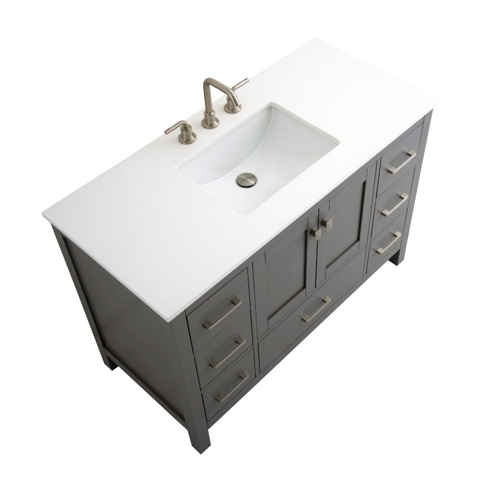 The Vanea 48 inch Bathroom Vanity in Gray with White Quartz Top features a modern design, built-in rectangular sink, brushed metal faucet, and offers multiple drawers and cabinets for storage.