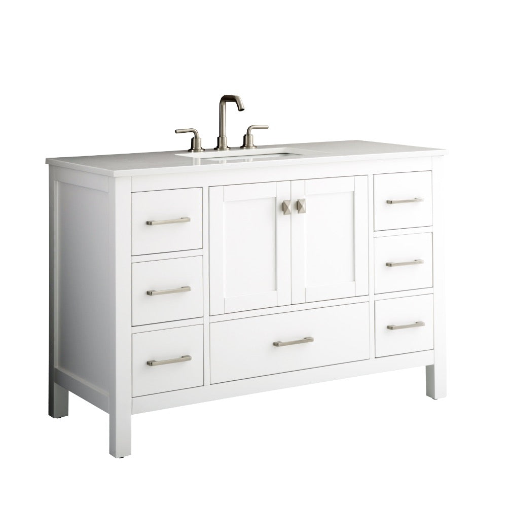 The Vanea 48 inch Bathroom Vanity in White with White Quartz Top offers six drawers, two cabinet doors, a rectangular sink, and brushed metal fixtures for a sleek, modern look.