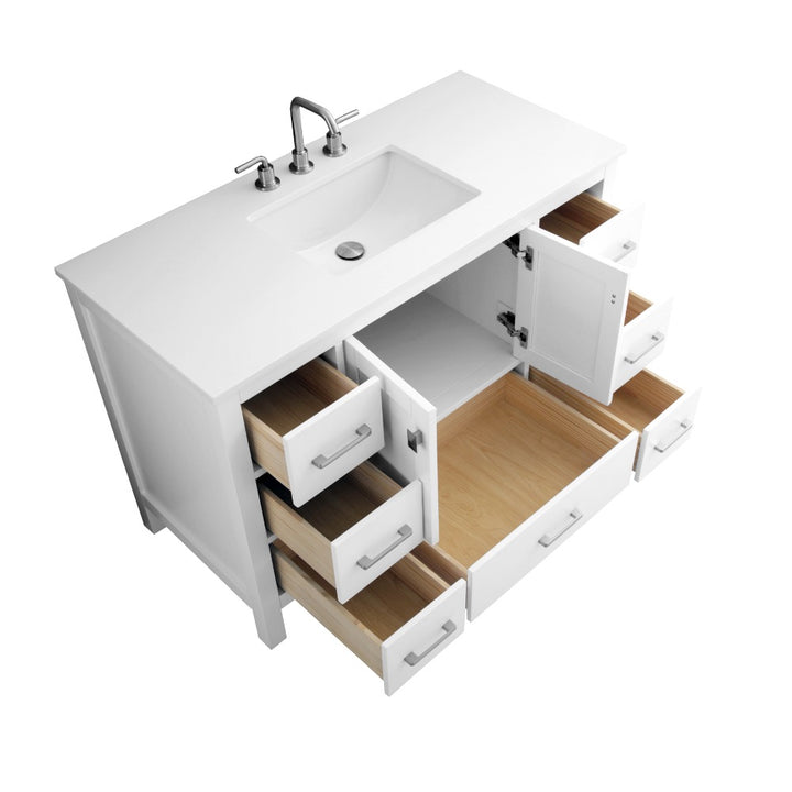 The Vanea 48 inch Bathroom Vanity in White with White Quartz Top features a built-in sink, silver faucet, and multiple open drawers and cabinet doors revealing spacious wooden interiors.
