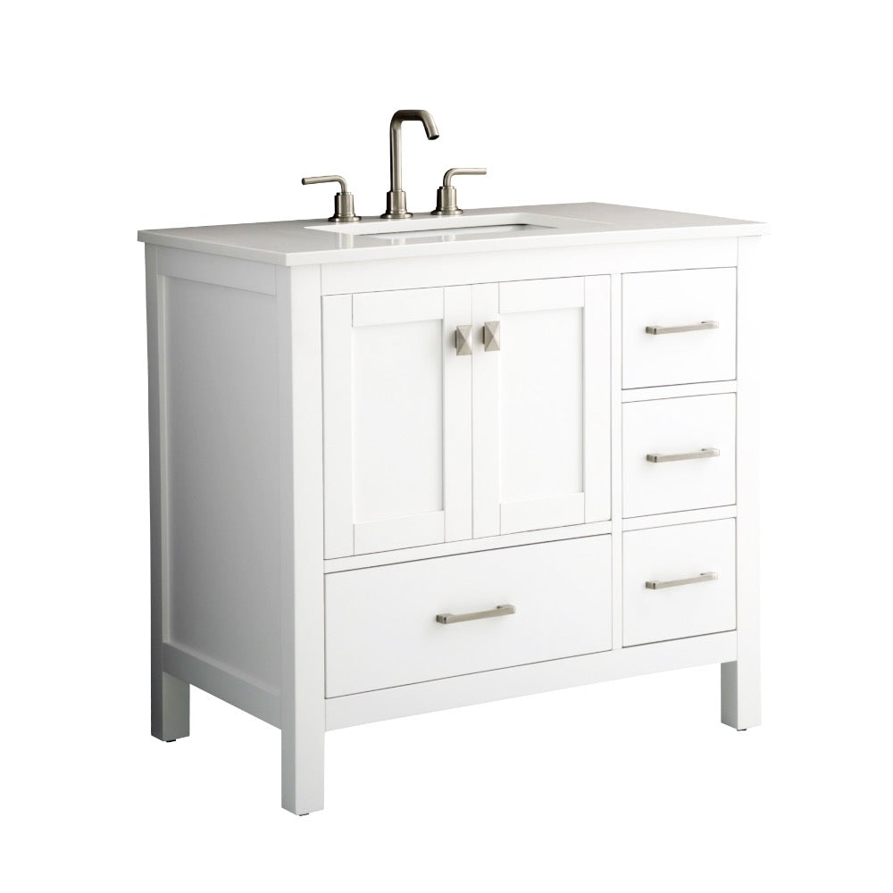 The Vanea 36 inch Bathroom Vanity in White with White Quartz Top offers a modern look with a rectangular sink, silver faucet, two cabinet doors, and three right-side drawers featuring sleek silver handles.
