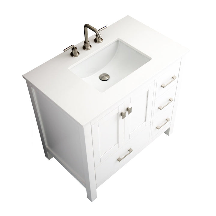 The Vanea 36 inch Bathroom Vanity in White with White Quartz Top features a rectangular sink, brushed nickel faucet, multiple drawers and cabinet doors, and clean modern lines with metallic hardware.
