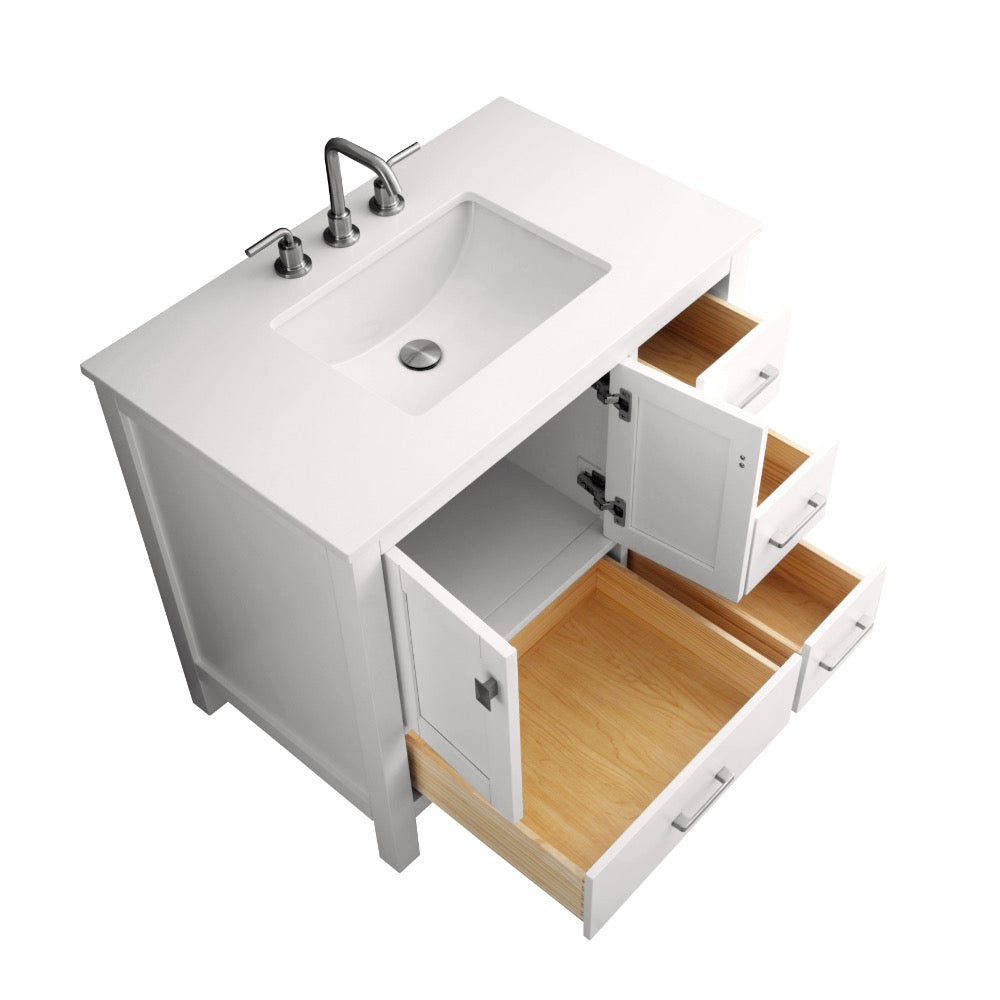 The Vanea 36 inch Bathroom Vanity in White with White Quartz Top offers a sink, silver faucet, three open side drawers, and two cabinet doors that reveal spacious storage with elegant wood paneling inside.
