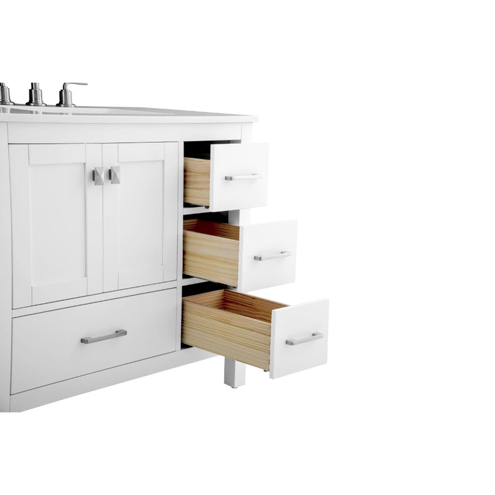 The Vanea 36 inch Bathroom Vanity in White with White Quartz Top includes a sink, faucet, two cabinet doors, and three wooden drawers on the right. The vanity is displayed against a plain white background.
