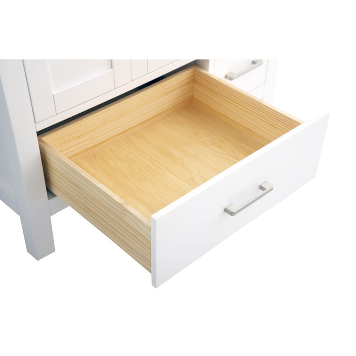 An empty wooden drawer with a white front and silver handle is pulled out from the Vanea 36 inch Bathroom Vanity in White with White Quartz Top.