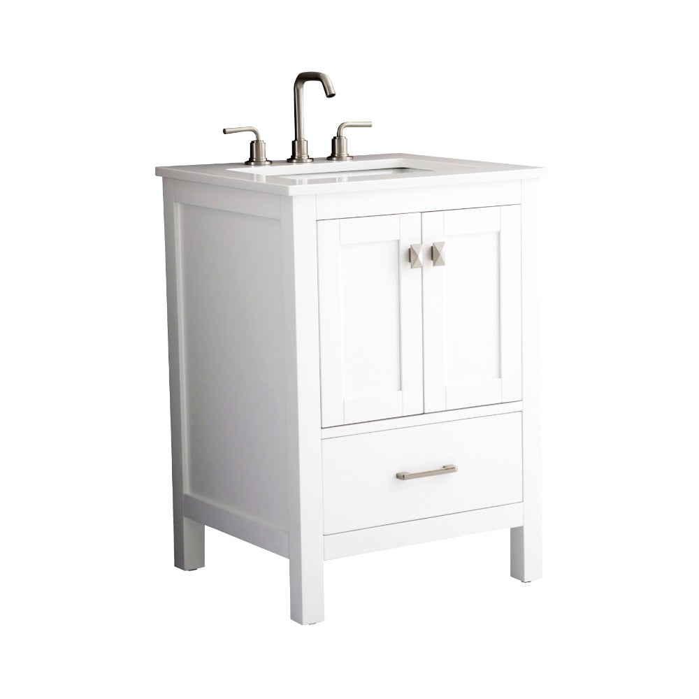 The Vanea 24 inch Bathroom Vanity in White with White Quartz Top features a sink, silver faucet, double cabinet doors, and a lower drawer, all standing elegantly on four legs.
