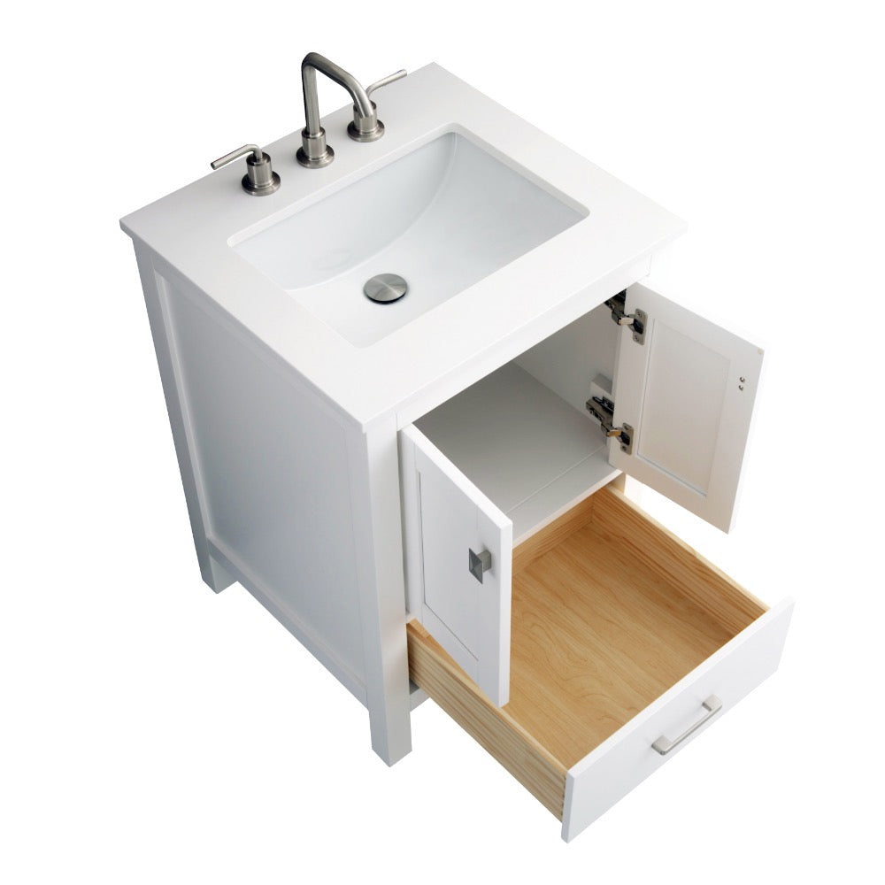 The Vanea 24 inch Bathroom Vanity in White with White Quartz Top features a rectangular sink, chrome faucet, two storage cabinet doors, and a lower wooden drawer. Elegant and functional, it&