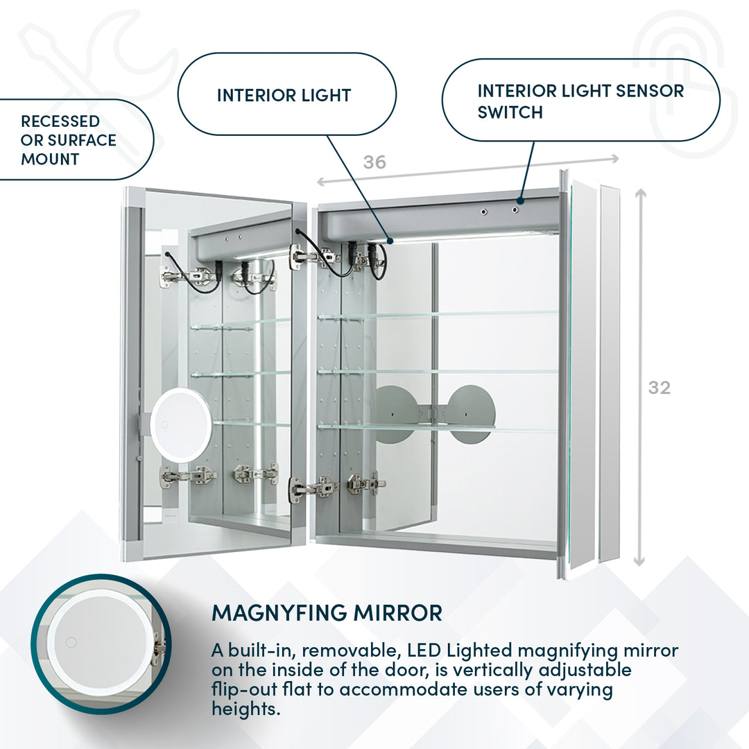 Edge Royale 36" x 32" LED Lighted Double Door Medicine Cabinet