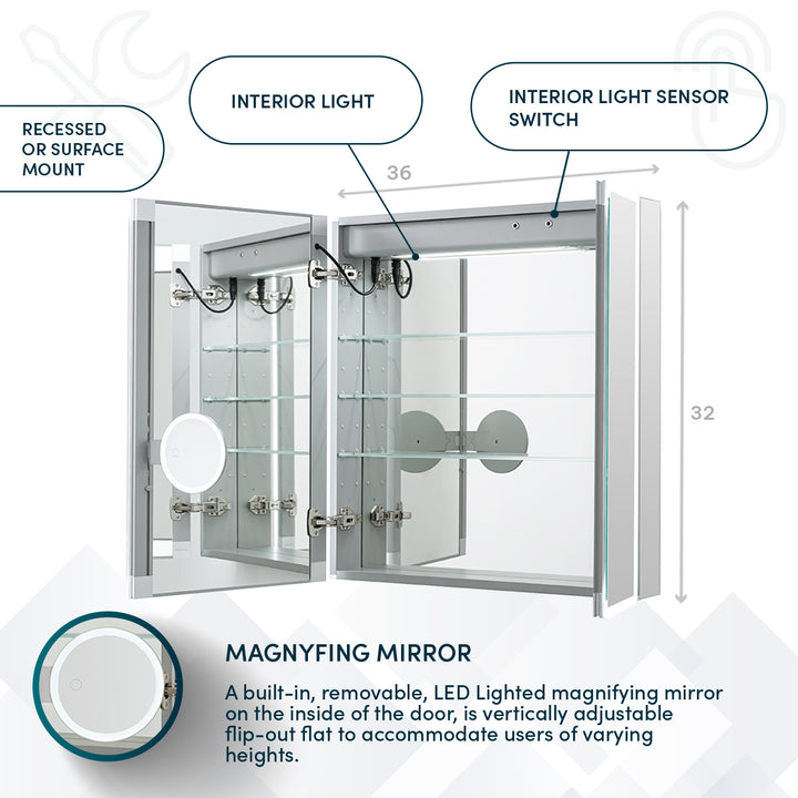 Edge Royale 36" x 32" LED Lighted Double Door Medicine Cabinet
