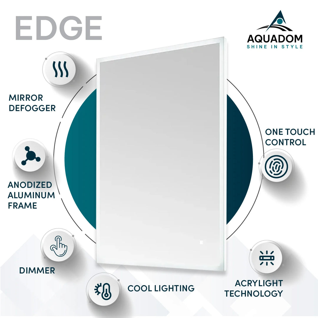 The Edge 36 Inch LED Lighted Bathroom Mirror features icons and text for a mirror defogger, anodized aluminum frame, dimmer, cool lighting, Acrylight tech, one-touch control, and displays the Aquadom logo in the top right corner.