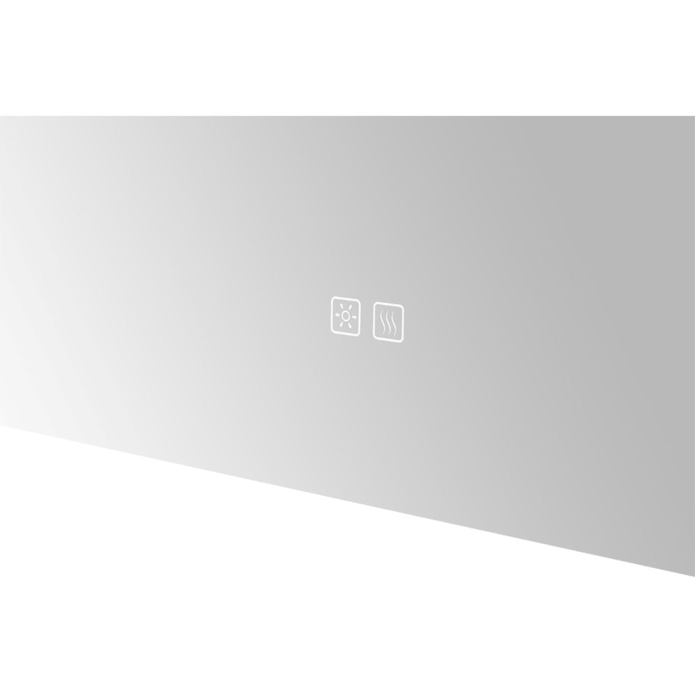 The Lexington 72 inch x 36 inch LED Lighted Slim Frame Mirror features a minimalist gray surface with two central white icons: one shaped like a sun and the other with three wavy lines, suggesting lighting and defogger functions.