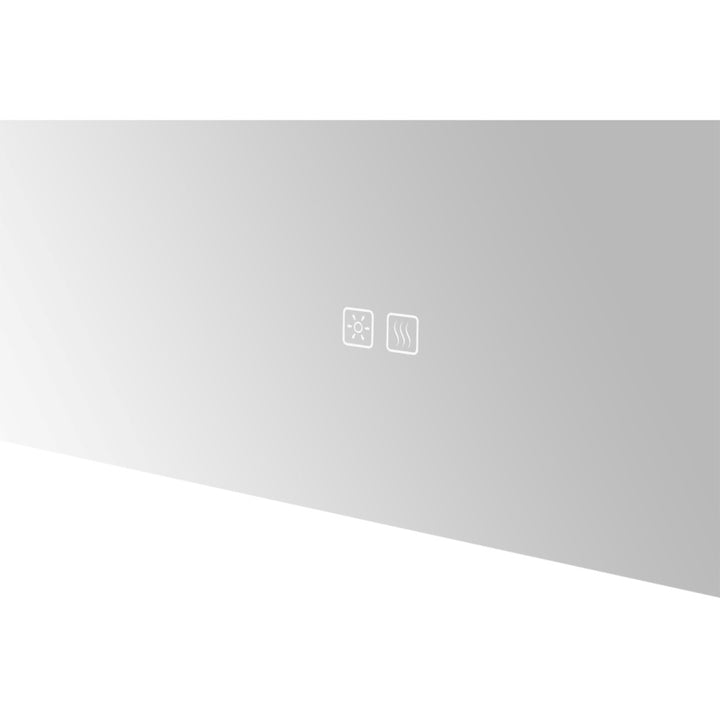 The Lexington 72 inch x 36 inch LED Lighted Slim Frame Mirror features a minimalist gray surface with two central white icons: one shaped like a sun and the other with three wavy lines, suggesting lighting and defogger functions.