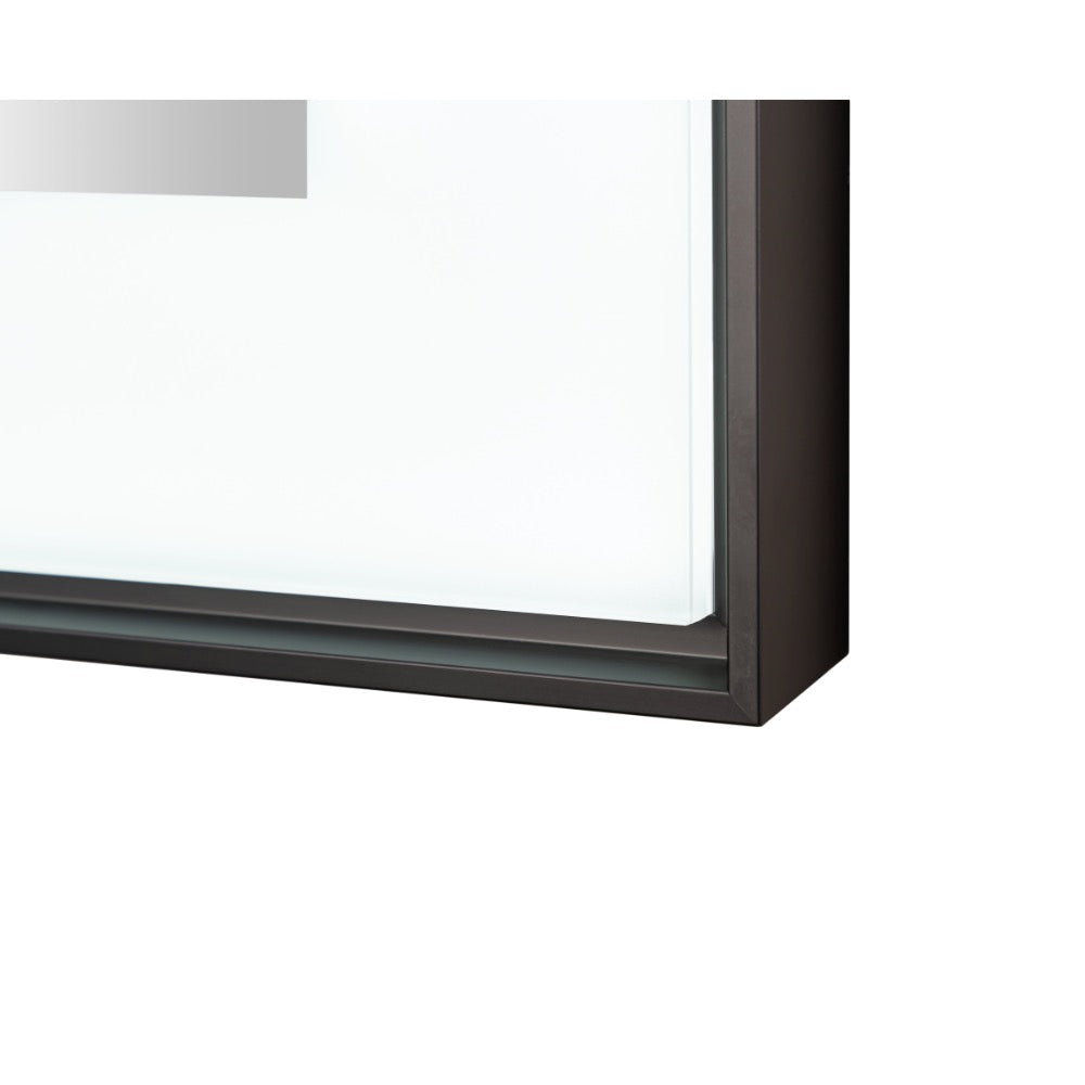 Close-up of the bottom right corner of the Lexington 72 inch x 36 inch LED Lighted Slim Frame Mirror, featuring a black frame, clear glass, and a white background.