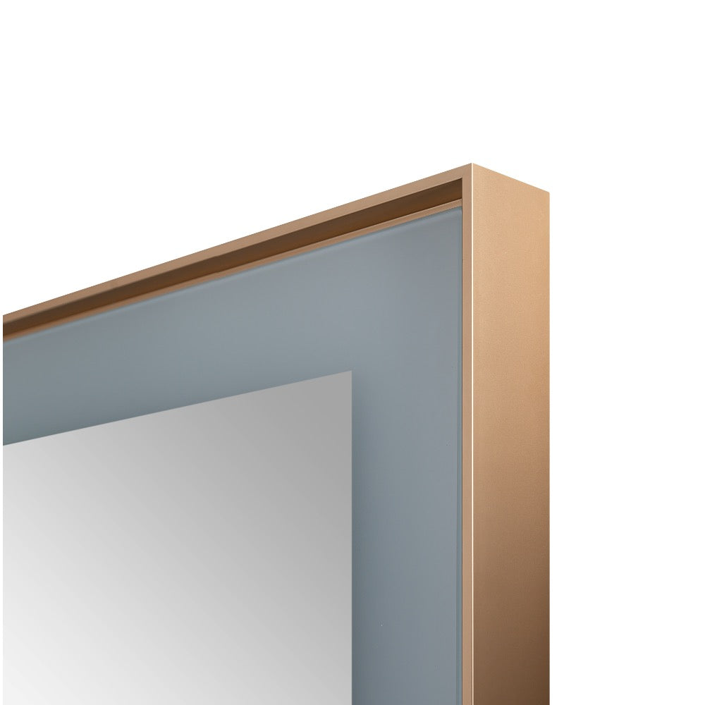 Close-up of the Lexington 30 inch x 36 inch LED Lighted Slim Frame Mirror, showcasing its gold metallic frame and frosted glass border against a white background.