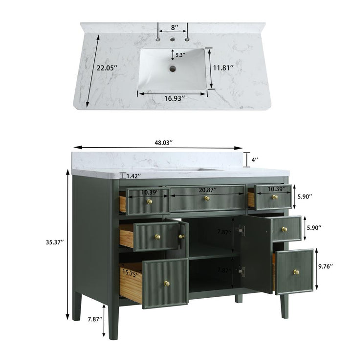 The Aveline 48 Inch Freestanding Bathroom Vanity With Top features a green finish, white marble countertop and sink, open drawers and cabinets with inch measurements, plus top-down views of the counter and sink with labeled dimensions.