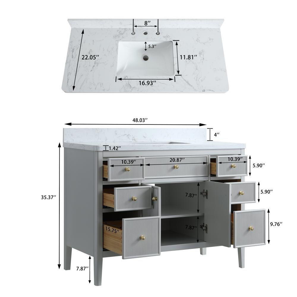 The Aveline 48 Inch Freestanding Bathroom Vanity With Top showcases a gray finish, gold knobs, and white countertop. Shown open, it reveals spacious drawers and cabinets with labeled sink and countertop dimensions above.
