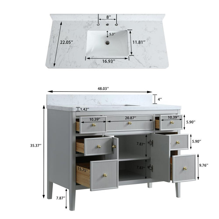 The Aveline 48 Inch Freestanding Bathroom Vanity With Top showcases a gray finish, gold knobs, and white countertop. Shown open, it reveals spacious drawers and cabinets with labeled sink and countertop dimensions above.