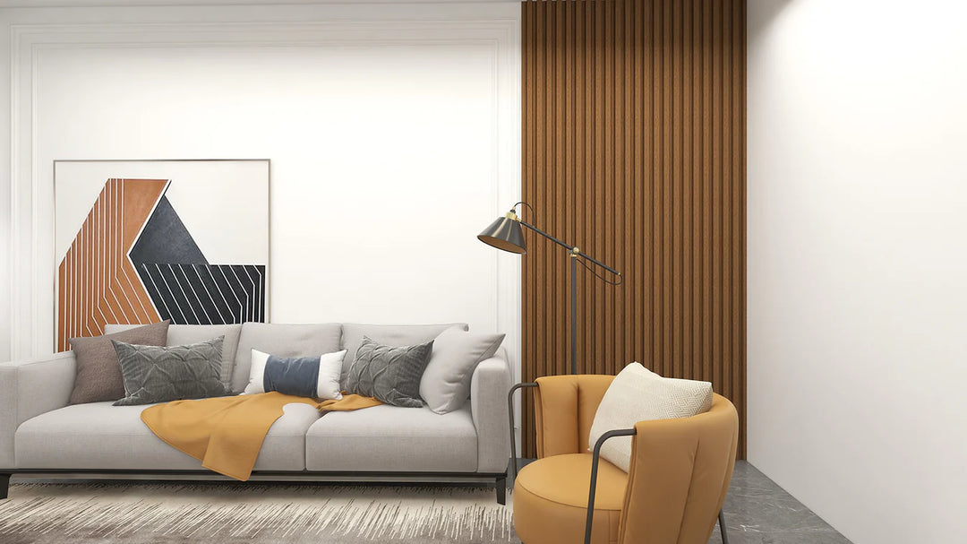 A modern living room with a light gray sofa, mustard throw blanket, assorted pillows, a round mustard armchair, floor lamp, abstract wall art, and a 3D Interior Wall Panel as a stylish wood slat accent wall.