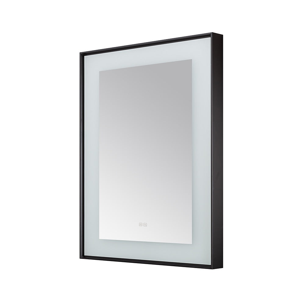 A Lexington 30 inch x 36 inch LED Lighted Slim Frame Mirror with a black frame and frosted border, shown wall-mounted and photographed at an angle against a white background.