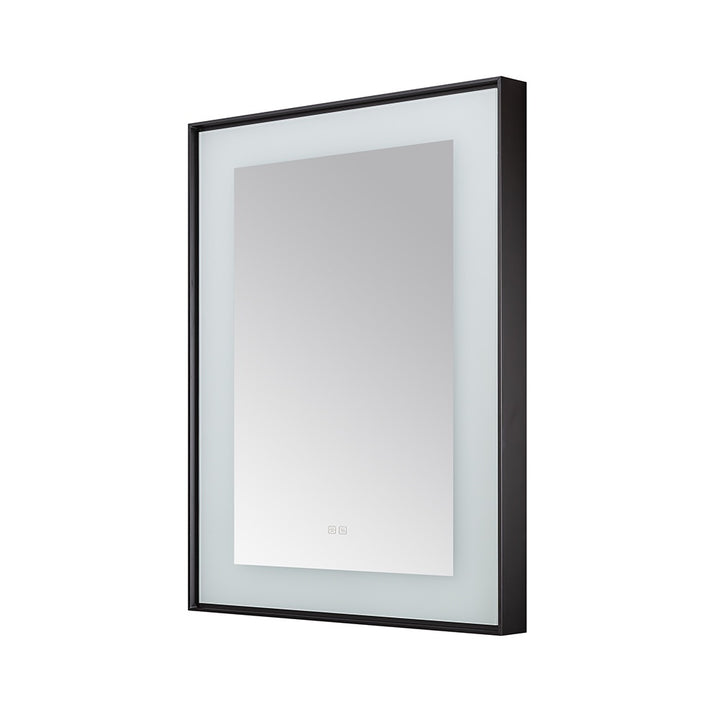 A Lexington 30 inch x 36 inch LED Lighted Slim Frame Mirror with a black frame and frosted border, shown wall-mounted and photographed at an angle against a white background.