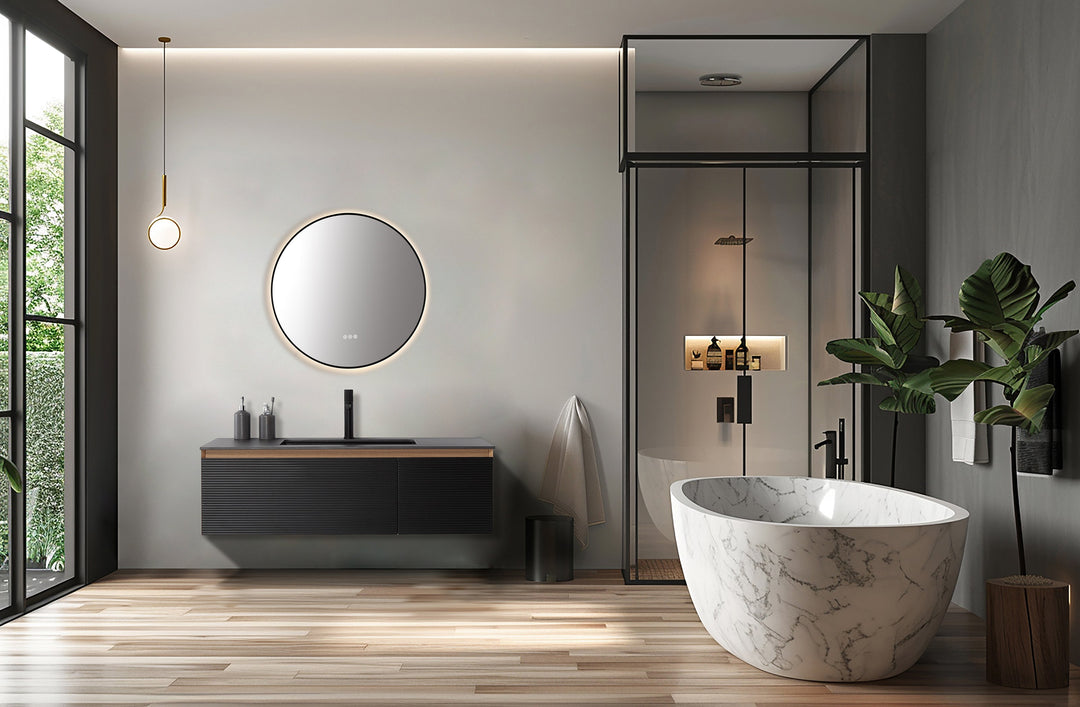 Shell 36" LED Bathroom Mirror in Matte Black, Anti-Fog